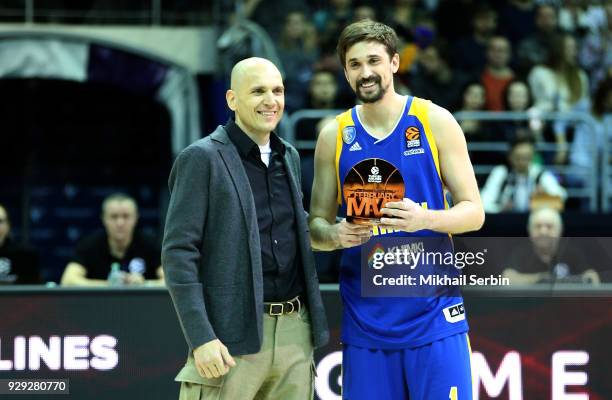 Alexey Shved, #1 of Khimki Moscow Region with MVP trophy before the 2017/2018 Turkish Airlines EuroLeague Regular Season Round 25 game between Khimki...