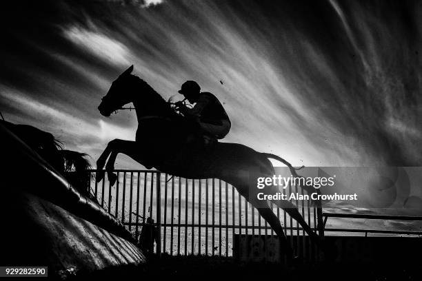 General view as a runner clears a fence at Wincanton racecourse on March 8, 2018 in Wincanton, England.