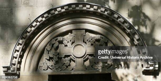 Entrance to the St. Pierre Cathedral, in Geneva, Switzerland. The Cathedral belongs to the Reformed Protestant Church of Geneva. It is known as the...