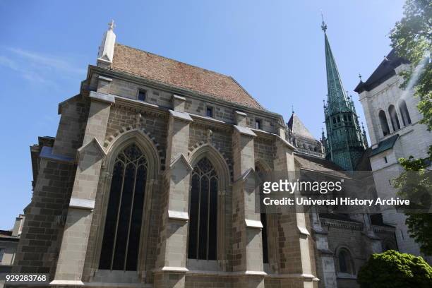 Entrance to the St. Pierre Cathedral, in Geneva, Switzerland. The Cathedral belongs to the Reformed Protestant Church of Geneva. It is known as the...