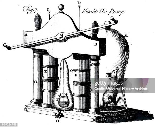 Engraving depicting the evacuating of a bell jar by means of a portable air pump in order to examine the effect on the creatures imprisoned in it....