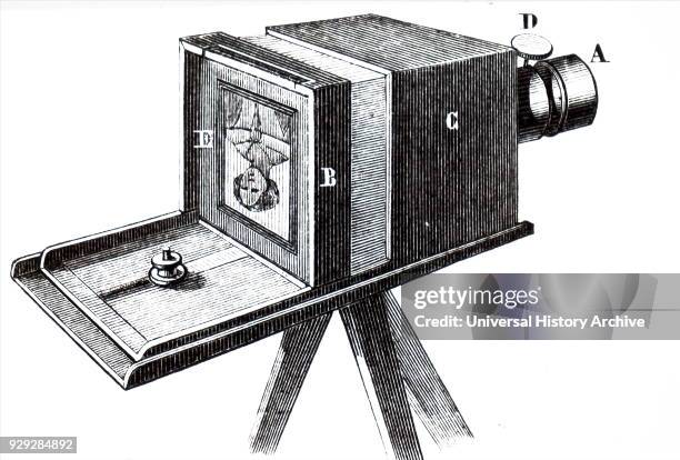 Engraving depicting a camera used to take daguerreotype photographs invented by Louis Daguerre. Louis Daguerre a French artist, inventor and...