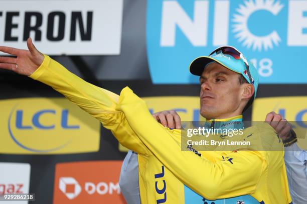Luis Leon Sanchez of Spain and Astana Pro Team Yellow Leader Jersey celebrates on the podium during the 76th Paris - Nice 2018 / Stage 5 a 165km...