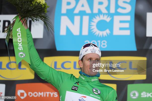 Arnaud Demare of France and Groupama-FDJ Green Points Jersey celebrates on the podium during the 76th Paris - Nice 2018 / Stage 5 a 165km stage from...