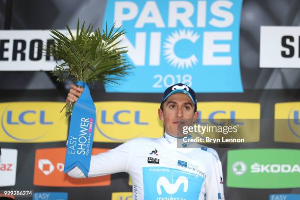 Marc Soler of Spain and Movistar Team White Vest Young Rider celebrates on the podium during the 76th Paris - Nice 2018 / Stage 5 a 165km stage from...