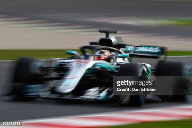 Lewis Hamilton of Great Britain driving the Mercedes AMG Petronas F1 Team Mercedes WO9 on track during day three of F1 Winter Testing at Circuit de...