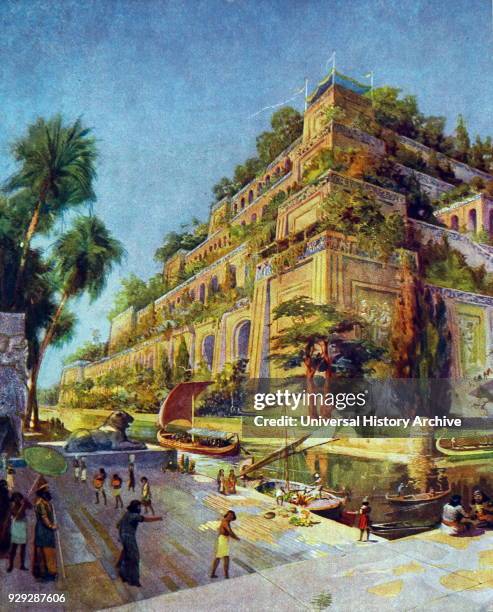 Colour illustration depicting the Hanging Gardens of Babylon, one of the Seven Wonders of the Ancient World. Dated 19th Century.