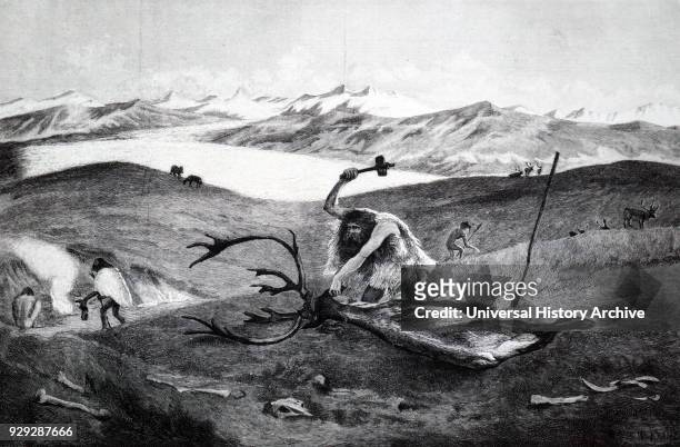 Engraving depicting a man butchering a beast using a flint axe. Dated 20th Century.