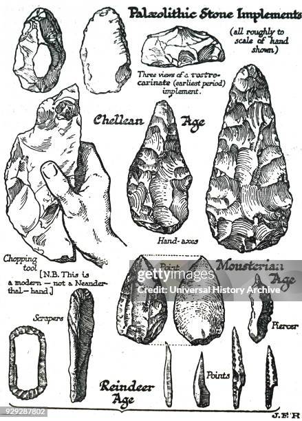 Engraving depicting Palaeolithic stone implements. Dated 19th Century.