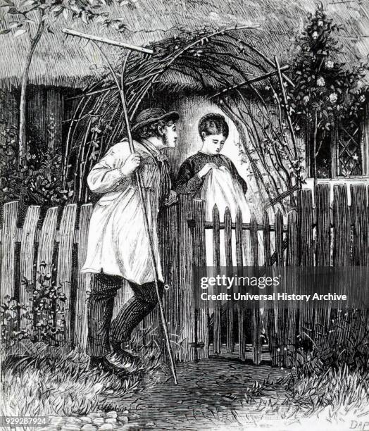 Engraving depicting a labourer leaning against the fence of the cottage garden, courting his lover. Dated 19th Century.