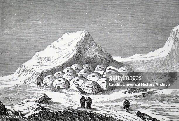 Engraving depicting an Eskimo village. The Eskimo are the indigenous peoples who traditionally inhabit the northern circumpolar regions. Dated 19th...