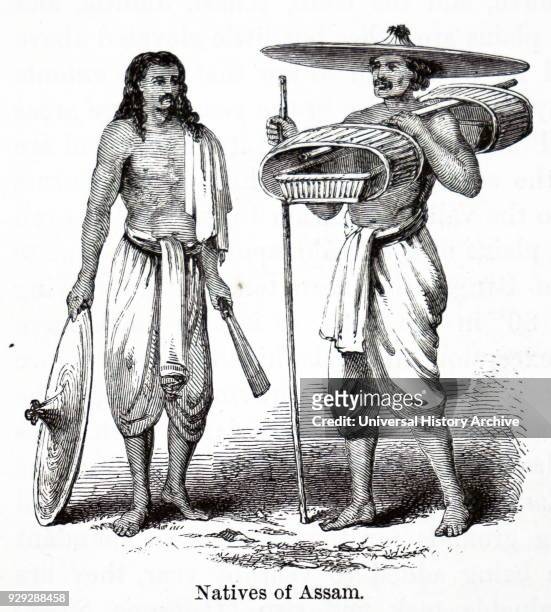 Engraving depicting natives of Assam. Assam is a state in North-eastern Indian. Dated 19th Century.