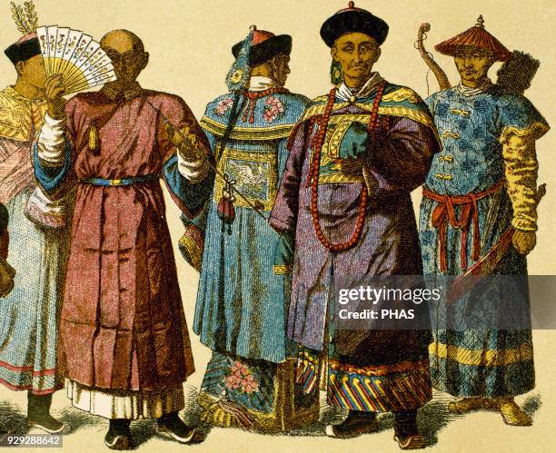 China. Modern Age. Mandarin chinese with official dress and house attire next to Chinese archer. Engraving. Color.