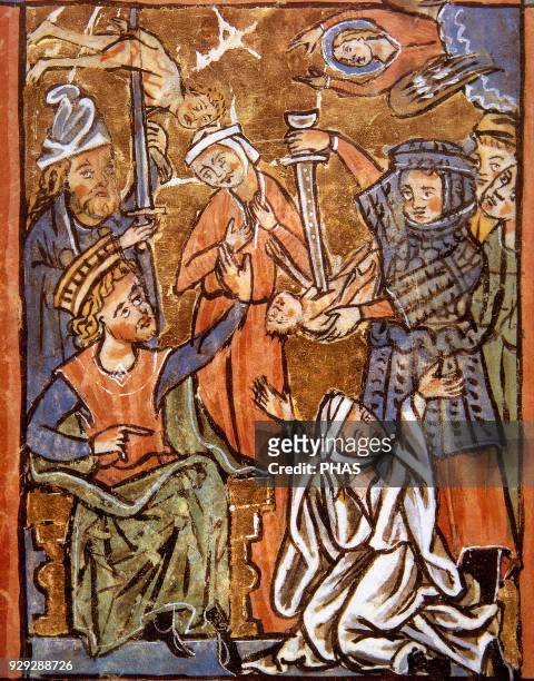 Massacre if the Innocents. Herod the Great sitiing in the throne. Miniature. Psalter, 15th century.