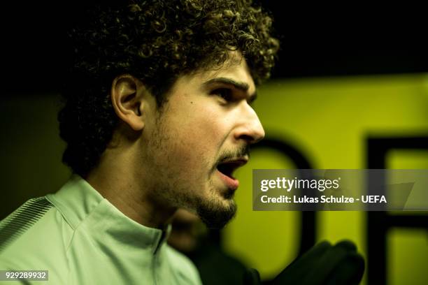 Andre Ramalho of Salzburg waits in the player tunnel to enter the pitch prior to the UEFA Europa League Round of 16 match between Borussia Dortmund...
