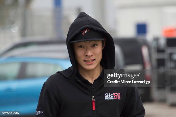 Tatsuki Suzuki of Italy and Sic 58 Squadra Corse Honda smiles in paddock during the Moto2 & Moto3 Tests In Jerez at Circuito de Jerez on March 8,...