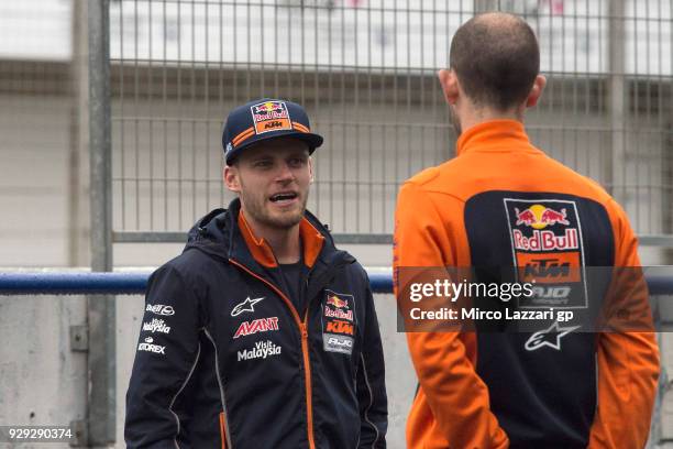 Brad Binder of South Africa and Red Bull KTM Ajo looks on in pit during the Moto2 & Moto3 Tests In Jerez at Circuito de Jerez on March 8, 2018 in...