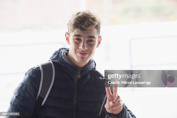 Tony Arbolino of Italy and Marinelli Snipers Team Honda greets during the Moto2 & Moto3 Tests In Jerez at Circuito de Jerez on March 8, 2018 in Jerez...