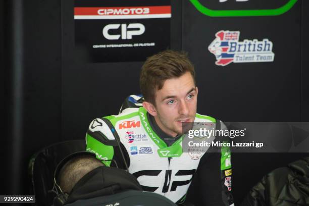 John McPhee of Great Britain and CIP Green Power KTM looks on in box during the Moto2 & Moto3 Tests In Jerez at Circuito de Jerez on March 8, 2018 in...