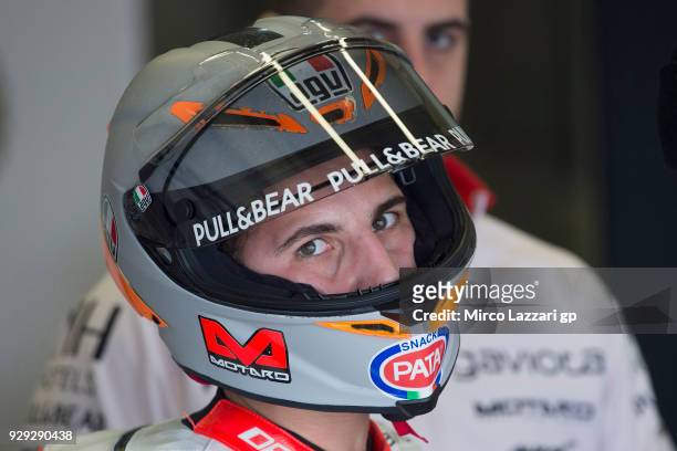 Andrea Migno of Italy and Angel Nieto Team Moto3 KTM looks on in box during the Moto2 & Moto3 Tests In Jerez at Circuito de Jerez on March 8, 2018 in...