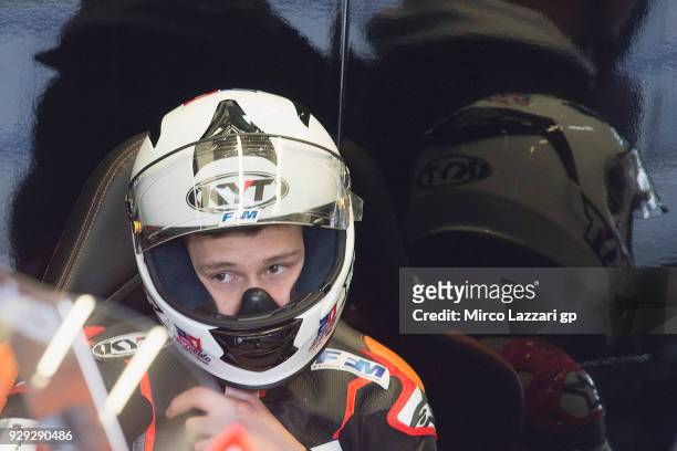 Fabio Quartararo of France and Beta Tools - Speed Up Racing looks on in box during the Moto2 & Moto3 Tests In Jerez at Circuito de Jerez on March 8,...