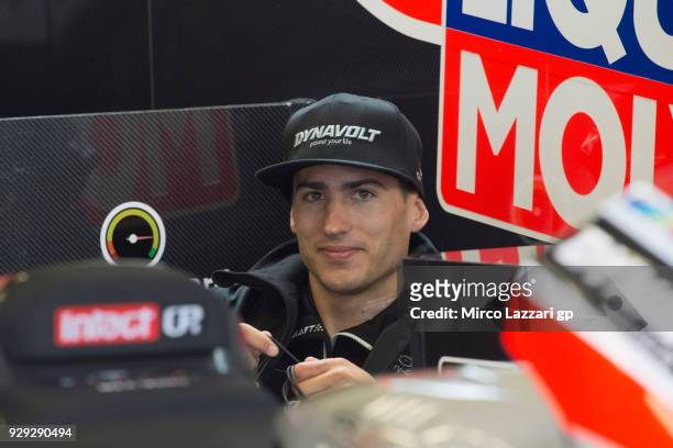 Xavi Vierge of Spain and Dynavolt Intact GP looks on in box during the Moto2 & Moto3 Tests In Jerez at Circuito de Jerez on March 8, 2018 in Jerez de...