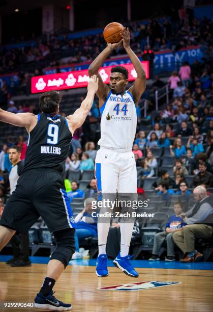 Dakari Johnson of the Oklahoma City Blue shoots the ball against the Lakeland Magic at Chesapeake Energy Arena in Oklahoma City, OK. NOTE TO USER:...