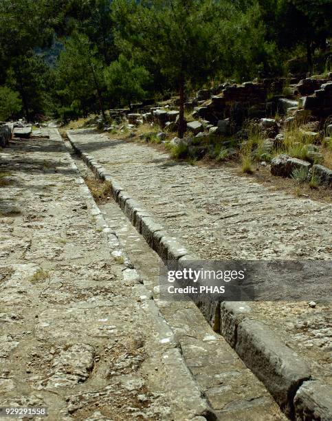 Turkey, Priene. Ancient Greek city of Ionia. Hellenistic style. Canalization. Ruins. Anatolia.