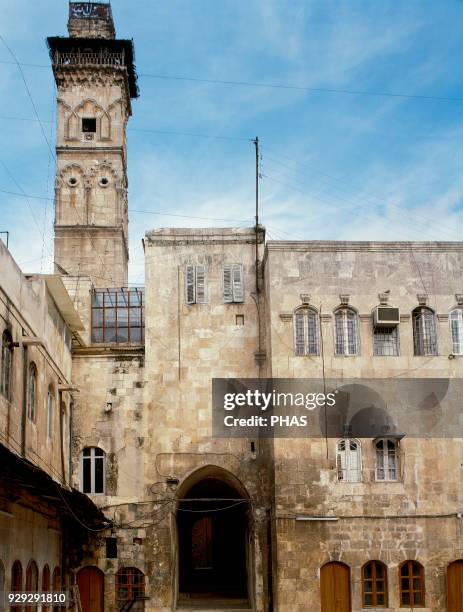 Great Mosque of Aleppo or the Umayyad Mosque of Aleppo. Built in 8th century. The minaret, before destrucion in the Syrian civil war in April 2013.