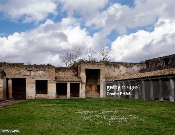 Pompeii. Ancient roman city. The palaestra colonnade of the Stabian Baths. Campania, Italy.