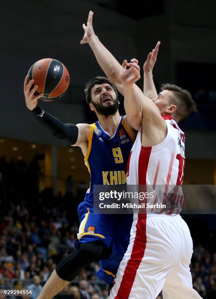 Stefan Markovic, #9 of Khimki Moscow Region competes with Kaleb Tarczewski, #15 of AX Armani Exchange Olimpia Milan in action during the 2017/2018...