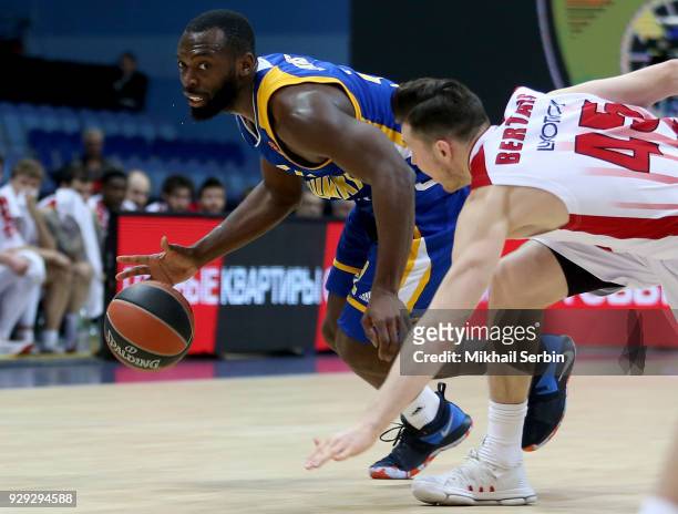 Charles Jenkins, #22 of Khimki Moscow Region competes with Dairis Bertans, #45 of AX Armani Exchange Olimpia Milan in action during the 2017/2018...