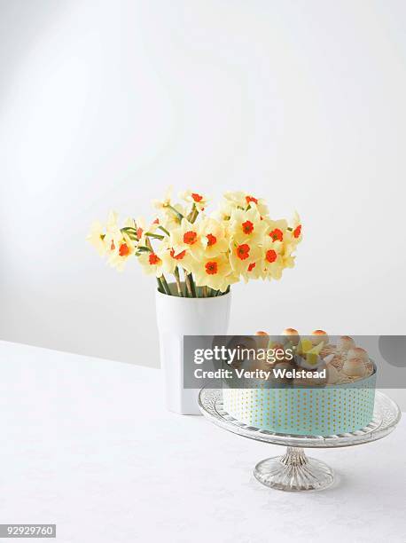 simnel cake and daffodils in vase - dessertstandaard stockfoto's en -beelden