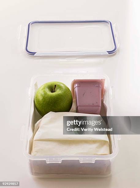 studio shot of healthy packed lunch - yoghurt lid stock pictures, royalty-free photos & images