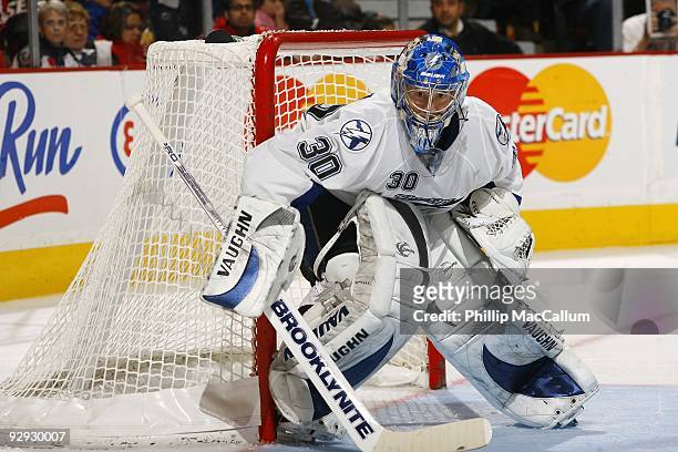 Antero Nittymaki of the Tampa Bay Lightning watches the play in the corner during a game against the Ottawa Senators at Scotiabank Place on November...