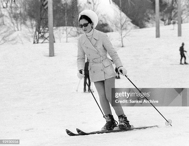 Crown Princess Michiko skies on March 29, 1971 in Tokyo, Japan.