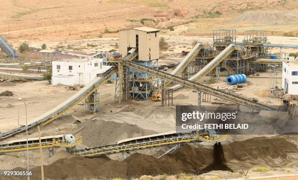 View of the phosphate production plant in Kef Eddour, in the Metlaoui mining region, one of the main mining sites in central Tunisia, after workers...