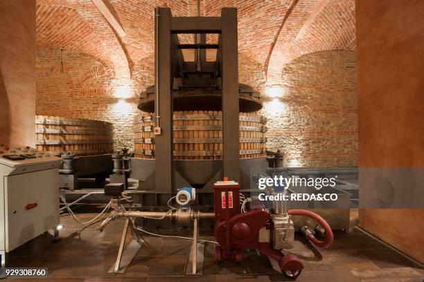 Gancia cellar wine cathedral in Canelli. Wine press double unit. Asti. Piemonte. Italy. Europe.