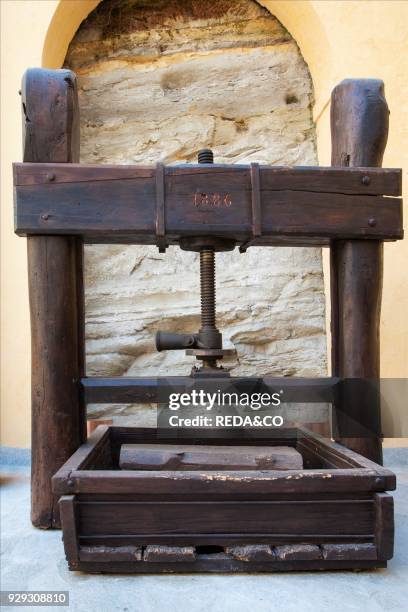 Contratto wine producer in Canelli. An ancient wine press for white grapes dated 1886. Asti. Piemonte. Italy. Europe.