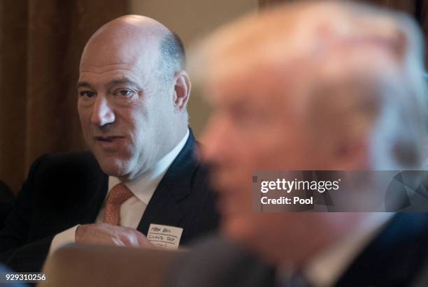 Outgoing Director of the National Economic Council Gary Cohn listens to US President Donald J. Trump deliver remarks during a meeting with members of...