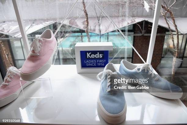 Keds shoes on display as Keds celebrates International Women's Day with Violetta Komyshan at Manhattan Plaza Racquet Club on March 8, 2018 in New...