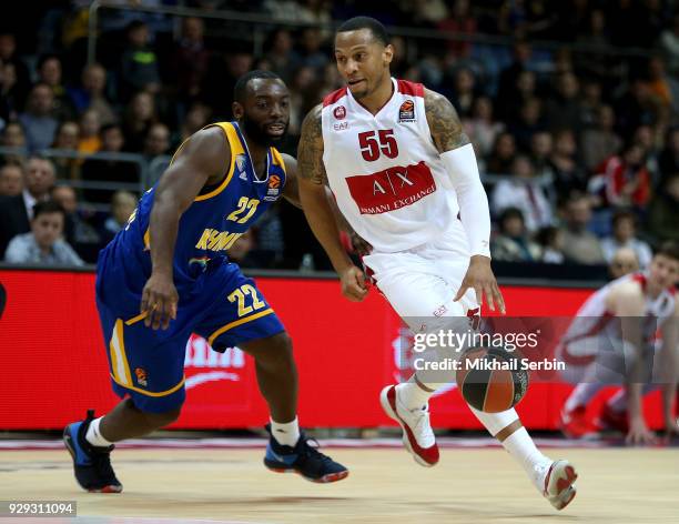 Curtis Jerrells, #55 of AX Armani Exchange Olimpia Milan competes with Charles Jenkins, #22 of Khimki Moscow Region in action during the 2017/2018...