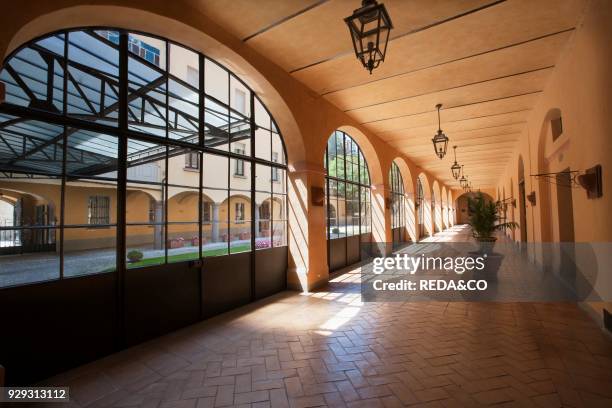 Contratto cellar wine cathredral in Canelli. The gallery leading to the cellars. Asti. Piemonte. Italy. Europe.