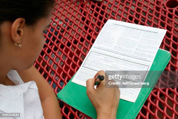 Girl filling in an application form at the International Book Fair at Wolfson Campus.