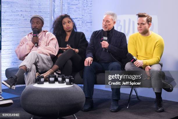 Will.i.am, Jennifer Hudson, Tom Jones and Olly Murs during a BUILD panel discussion on March 8, 2018 in London, England.