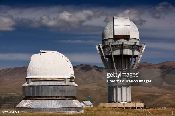 Assy astronomical observatory telescope towers on the mountain plateau of Assy Turgen Kazakhstan.