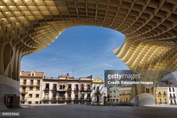 Canopy of Metropol Parasol framing buildings around Plaza of the Incarnation Seville Spain.