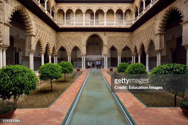 Reflecting pool in the Courtyard of the Maidens at Alcazar palace Seville Andalusia.