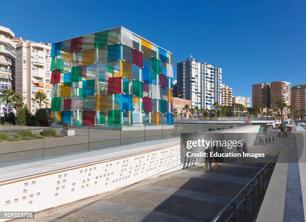 Malaga, Costa del Sol, Malaga Province, Andalusia, southern Spain, The distinctive glass cube of the Pompidou Centre museum on Muelle Uno, The...