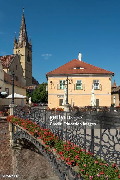 Liar's Bridge and Lutheran Cathedral, Sibiu, Romania.